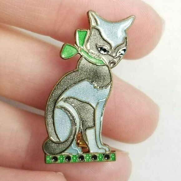 Vintage Enamel Cat Brooch, Blue Gray Green, Sitting Kitten, Retro Design, Estate - Picture 1 of 6